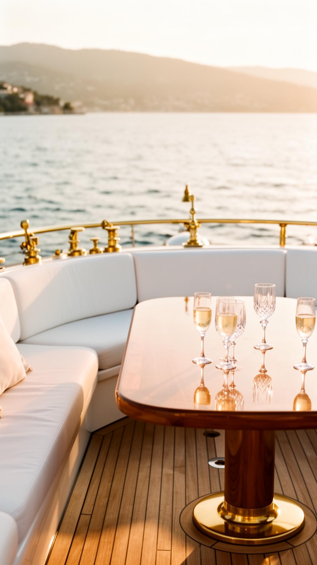 Champagne on the teak deck at golden hour